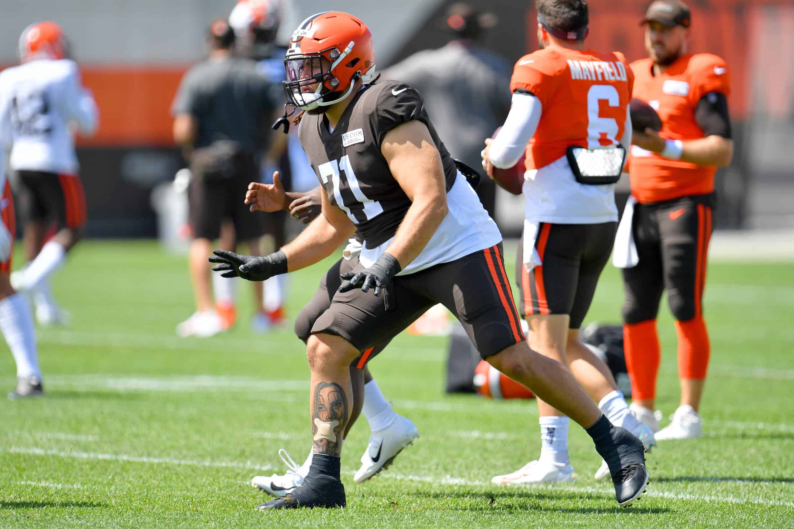 Offensive tackle Jedrick Wills Jr. #71 of the Cleveland Browns works out during training camp on August 18, 2020 at the Browns training facility in Berea, Ohio.