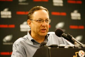 Joe Banner speaks at a press conference before the game against the Pittsburgh Steelers on August 8, 2008 at Heinz Field in Pittsburgh, Pennsylvania. The Press conference was held to discuss the recently completed contract extension for running back Brian Westbrook.