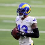 John Johnson #43 of the Los Angeles Rams warms up prior to a game against the New York Jets at SoFi Stadium on December 20, 2020 in Inglewood, California.