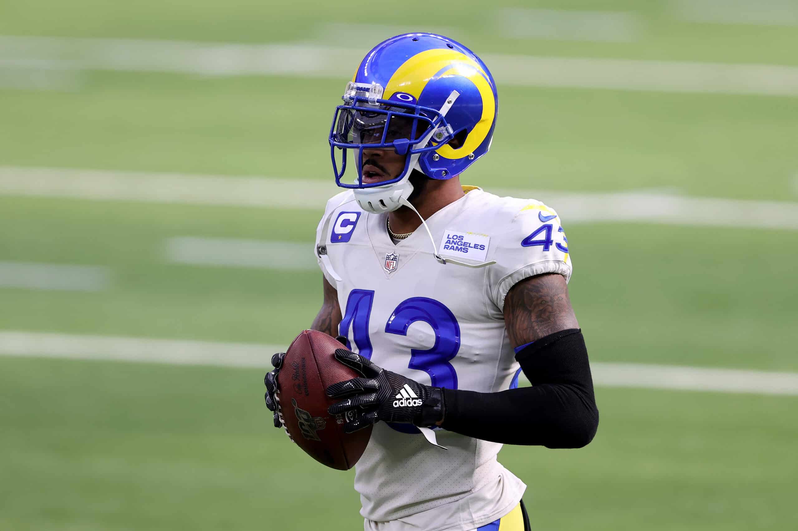 John Johnson #43 of the Los Angeles Rams warms up prior to a game against the New York Jets at SoFi Stadium on December 20, 2020 in Inglewood, California.