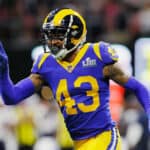 John Johnson III #43 of the Los Angeles Rams reacts in the first half during Super Bowl LIII against the New England Patriots at Mercedes-Benz Stadium on February 3, 2019 in Atlanta, Georgia.