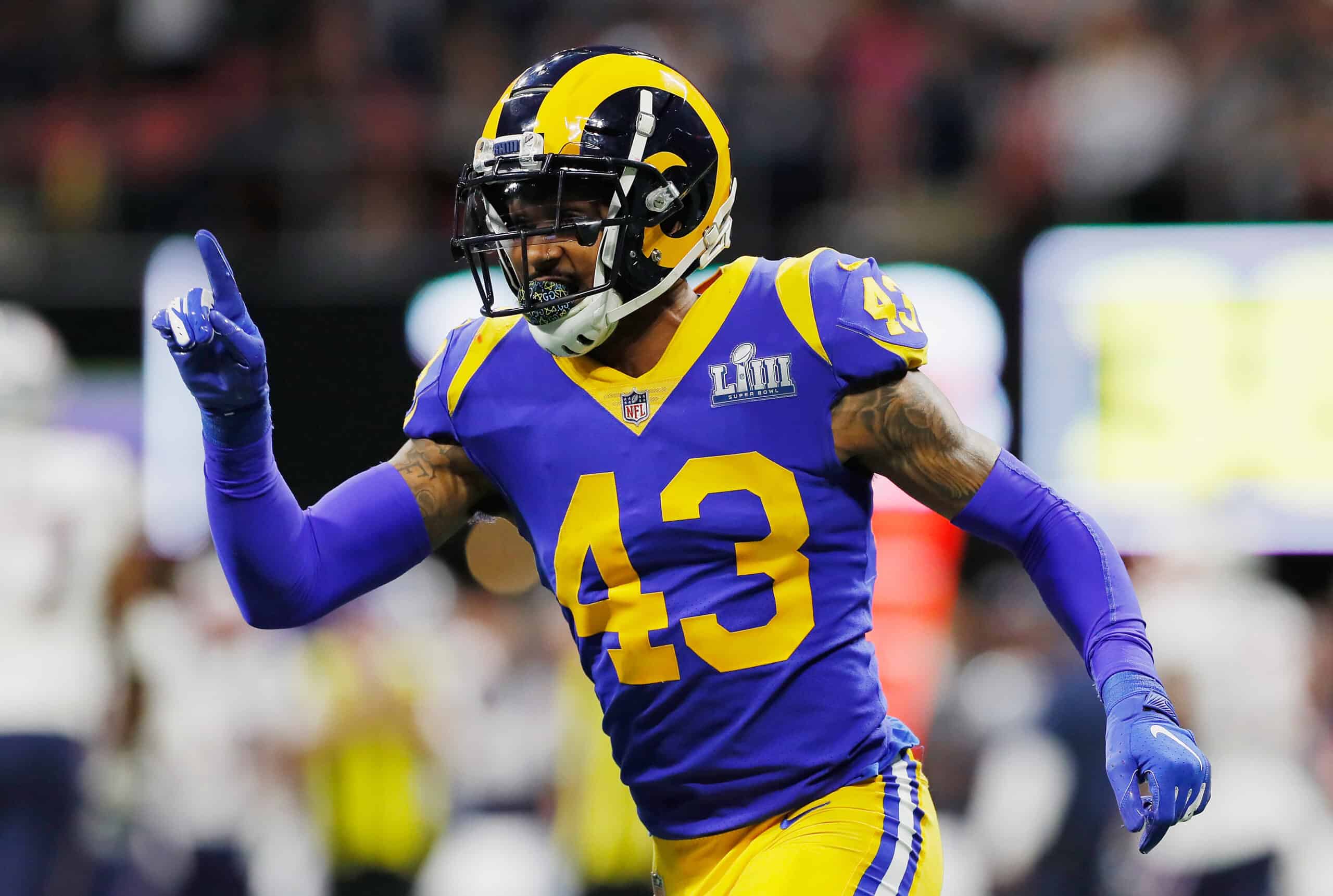 John Johnson III #43 of the Los Angeles Rams reacts in the first half during Super Bowl LIII against the New England Patriots at Mercedes-Benz Stadium on February 3, 2019 in Atlanta, Georgia. 