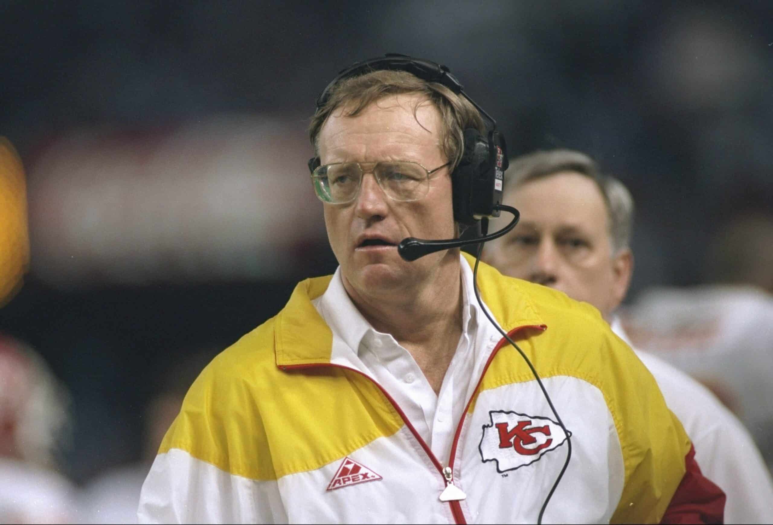 Marty Schottenheimer of the Kansas City Chiefs watches his players during a playoff game against the Houston Oilers. The Chiefs won the game 28-20.