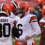 Quarterback Baker Mayfield #6 of the Cleveland Browns huddles with his team during the first quarter of the AFC Divisional Playoff game against the Kansas City Chiefs at Arrowhead Stadium on January 17, 2021 in Kansas City, Missouri.