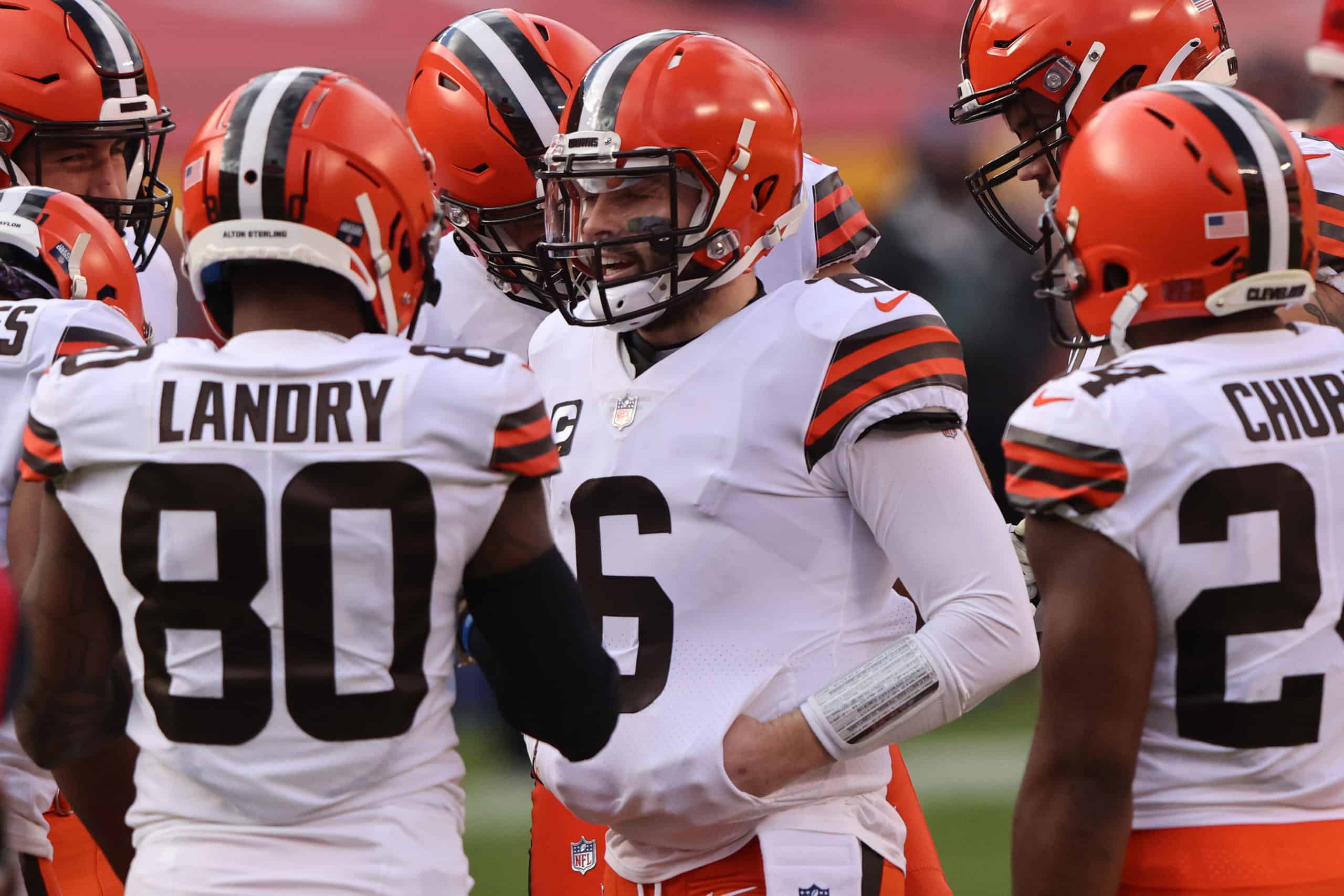 Quarterback Baker Mayfield #6 of the Cleveland Browns huddles with his team during the first quarter of the AFC Divisional Playoff game against the Kansas City Chiefs at Arrowhead Stadium on January 17, 2021 in Kansas City, Missouri.