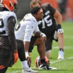 Defensive end Myles Garrett #95 of the Cleveland Browns works out during training camp at the Brown's training facility on September 02, 2020 in Berea, Ohio.