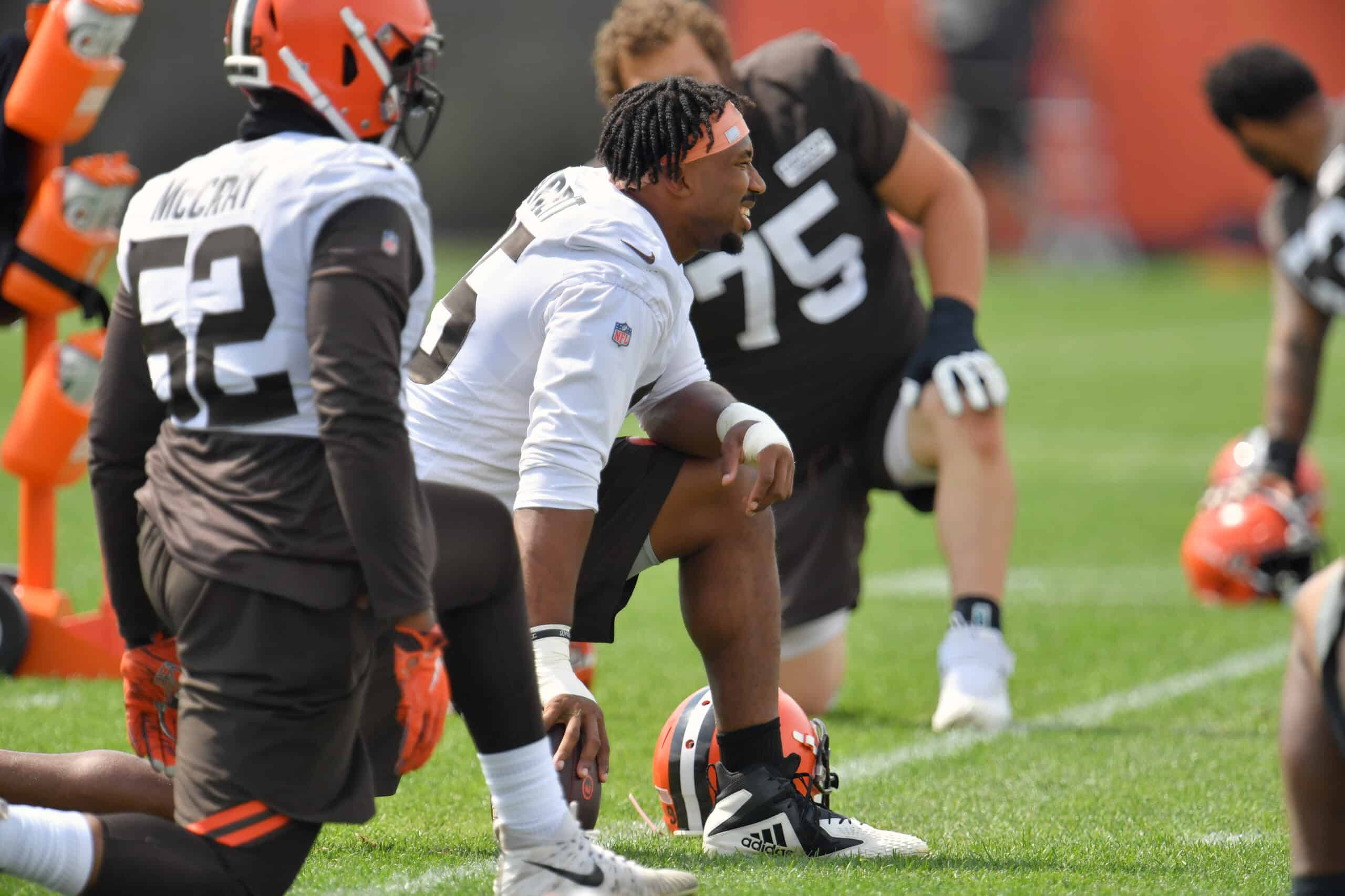 Defensive end Myles Garrett #95 of the Cleveland Browns works out during training camp at the Brown's training facility on September 02, 2020 in Berea, Ohio.