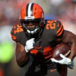 Nick Chubb #24 of the Cleveland Browns runs the ball against the Seattle Seahawks at FirstEnergy Stadium on October 13, 2019 in Cleveland, Ohio.