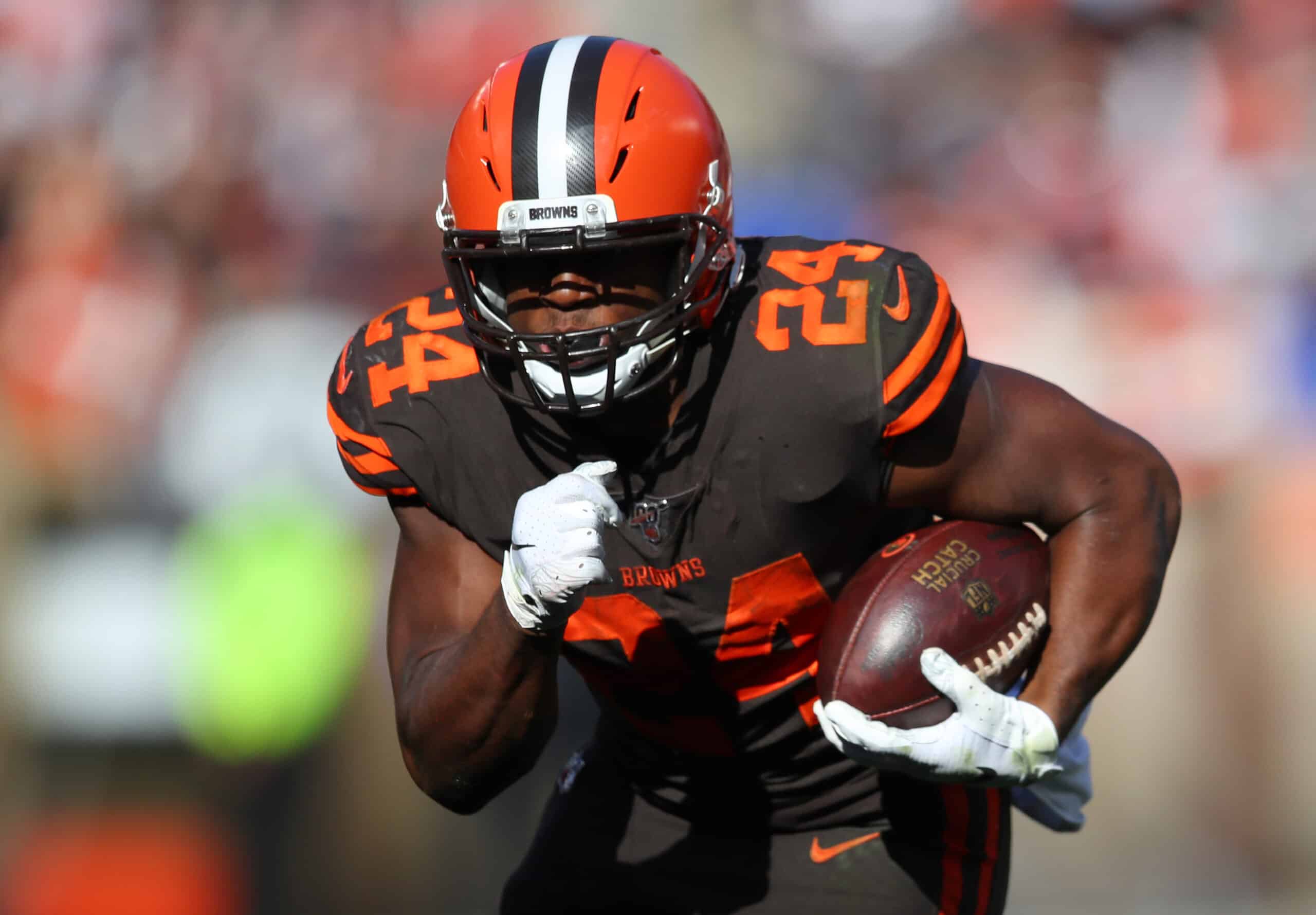 Nick Chubb #24 of the Cleveland Browns runs the ball against the Seattle Seahawks at FirstEnergy Stadium on October 13, 2019 in Cleveland, Ohio.