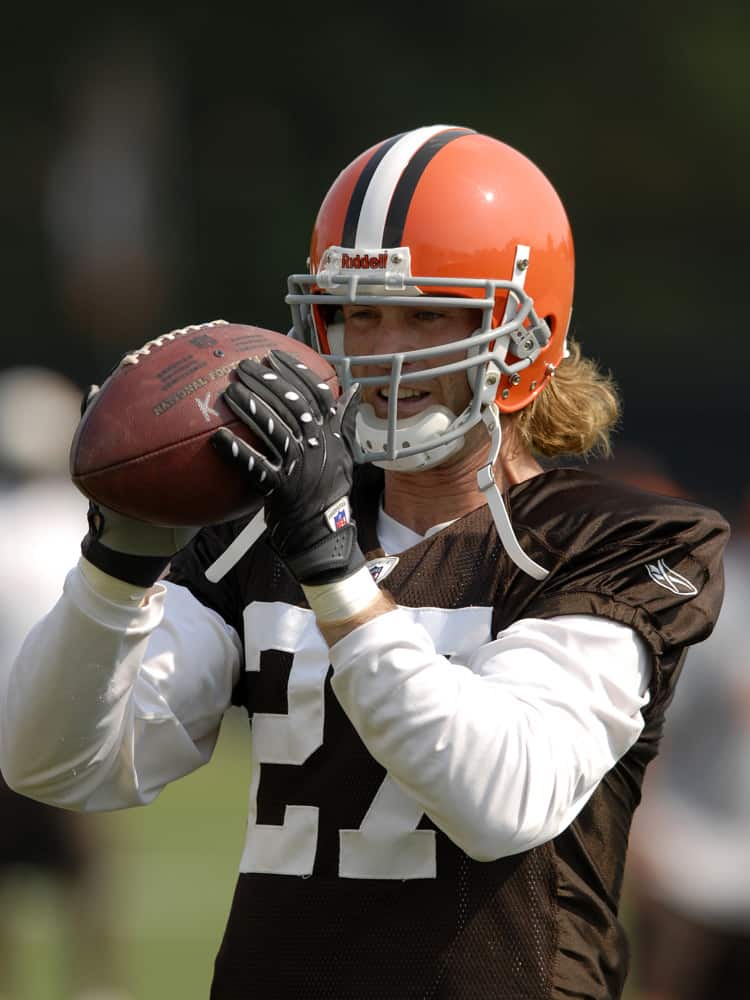 Defensive back Nick Sorensen #27 of the Cleveland Browns catches a pass during training camp on Sunday, July 27, 2008 at the Browns' Practice Facility in Berea, Ohio. Nick Sorensen