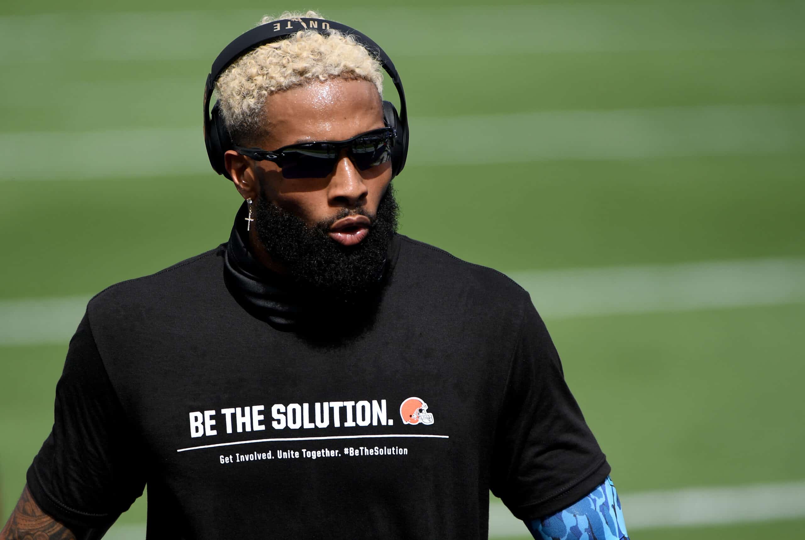 Odell Beckham Jr. #13 of the Cleveland Browns wears a shirt reading "Be The Solution" prior to playing against the Baltimore Ravens at M&T Bank Stadium on September 13, 2020 in Baltimore, Maryland. 