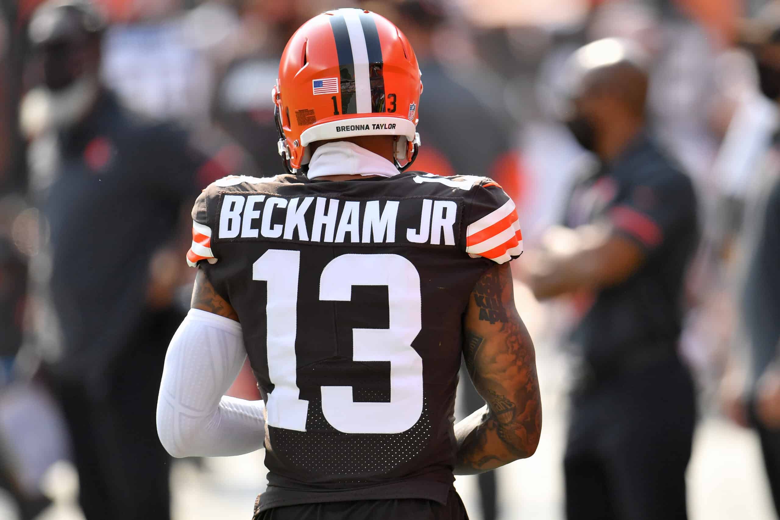 Wide receiver Odell Beckham Jr. #13 of the Cleveland Browns walks on the sidelines with the name of Breonna Taylor on his helmet during the second half against the Washington Football Team at FirstEnergy Stadium on September 27, 2020 in Cleveland, Ohio. The Browns defeated the Washington Football Team 34-20.