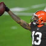 Odell Beckham Jr. #13 of the Cleveland Browns celebrates a touchdown against the Cincinnati Bengals during the first half at FirstEnergy Stadium on September 17, 2020 in Cleveland, Ohio.