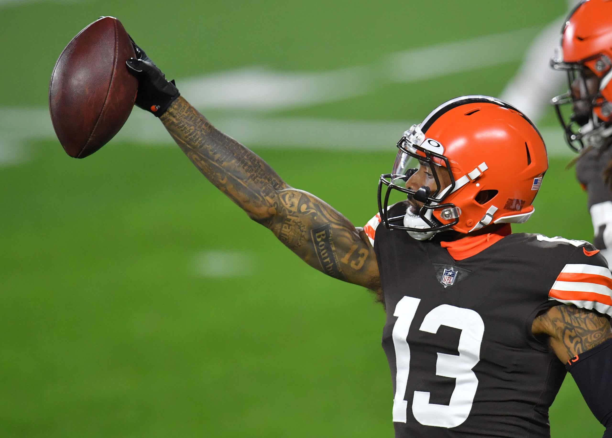 Odell Beckham Jr. #13 of the Cleveland Browns celebrates a touchdown against the Cincinnati Bengals during the first half at FirstEnergy Stadium on September 17, 2020 in Cleveland, Ohio.