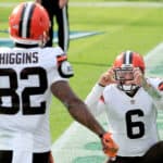 Rashard Higgins #82 of the Cleveland Browns celebrates with quarterback Baker Mayfield #6 after catching a pass for a touchdown against the Tennessee Titans in the second quarter at Nissan Stadium on December 06, 2020 in Nashville, Tennessee.