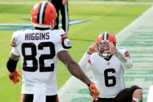 Rashard Higgins #82 of the Cleveland Browns celebrates with quarterback Baker Mayfield #6 after catching a pass for a touchdown against the Tennessee Titans in the second quarter at Nissan Stadium on December 06, 2020 in Nashville, Tennessee.