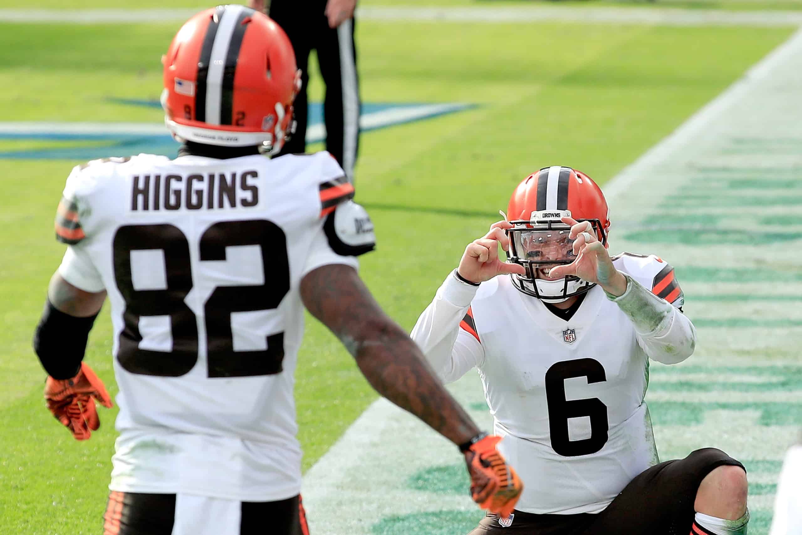 Rashard Higgins #82 of the Cleveland Browns celebrates with quarterback Baker Mayfield #6 after catching a pass for a touchdown against the Tennessee Titans in the second quarter at Nissan Stadium on December 06, 2020 in Nashville, Tennessee. 