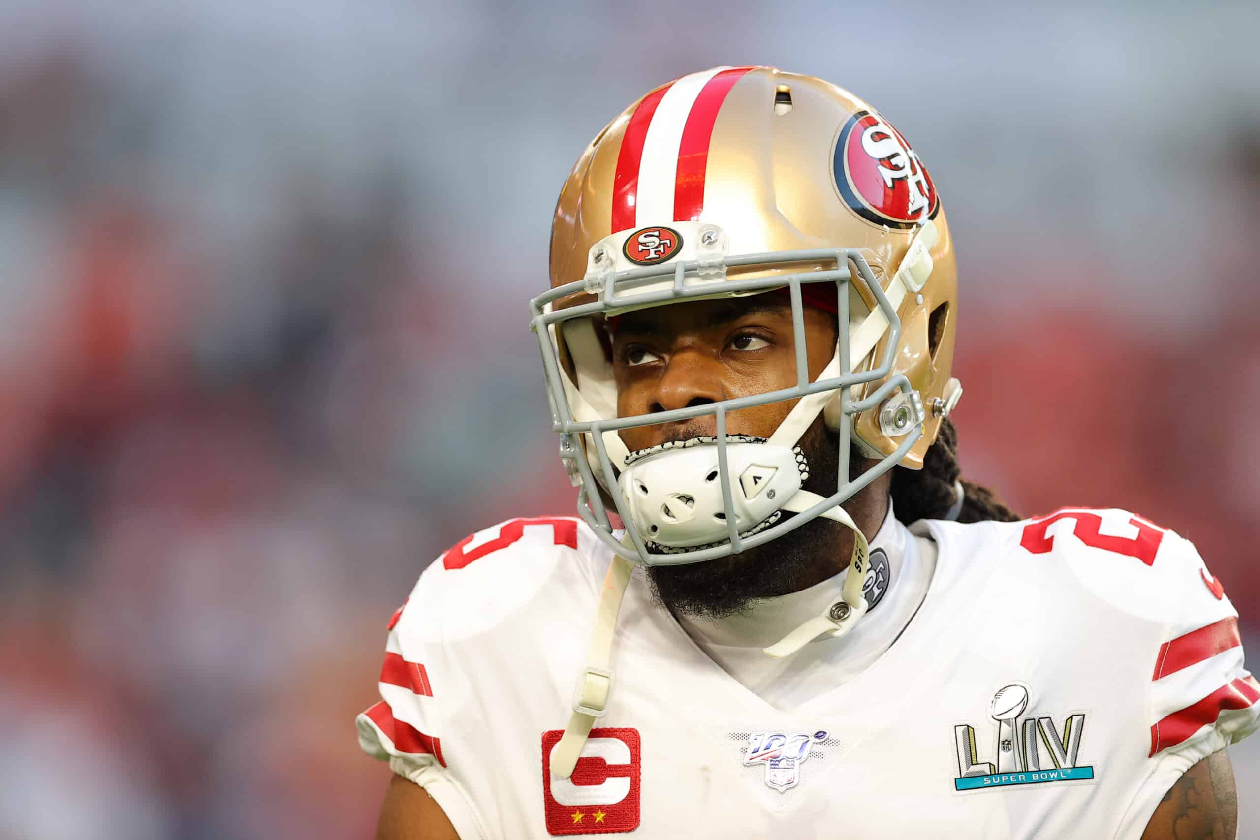 Richard Sherman #25 of the San Francisco 49ers warms up prior to Super Bowl LIV against the Kansas City Chiefs at Hard Rock Stadium on February 02, 2020 in Miami, Florida. 