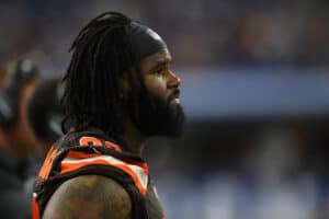 Sheldon Richardson #98 of the Cleveland Browns watches action during a preseason game against the Indianapolis Colts at Lucas Oil Stadium on August 17, 2019 in Indianapolis, Indiana.