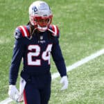 Stephon Gilmore #24 of the New England Patriots looks on before the game against the Denver Broncos at Gillette Stadium on October 18, 2020 in Foxborough, Massachusetts.