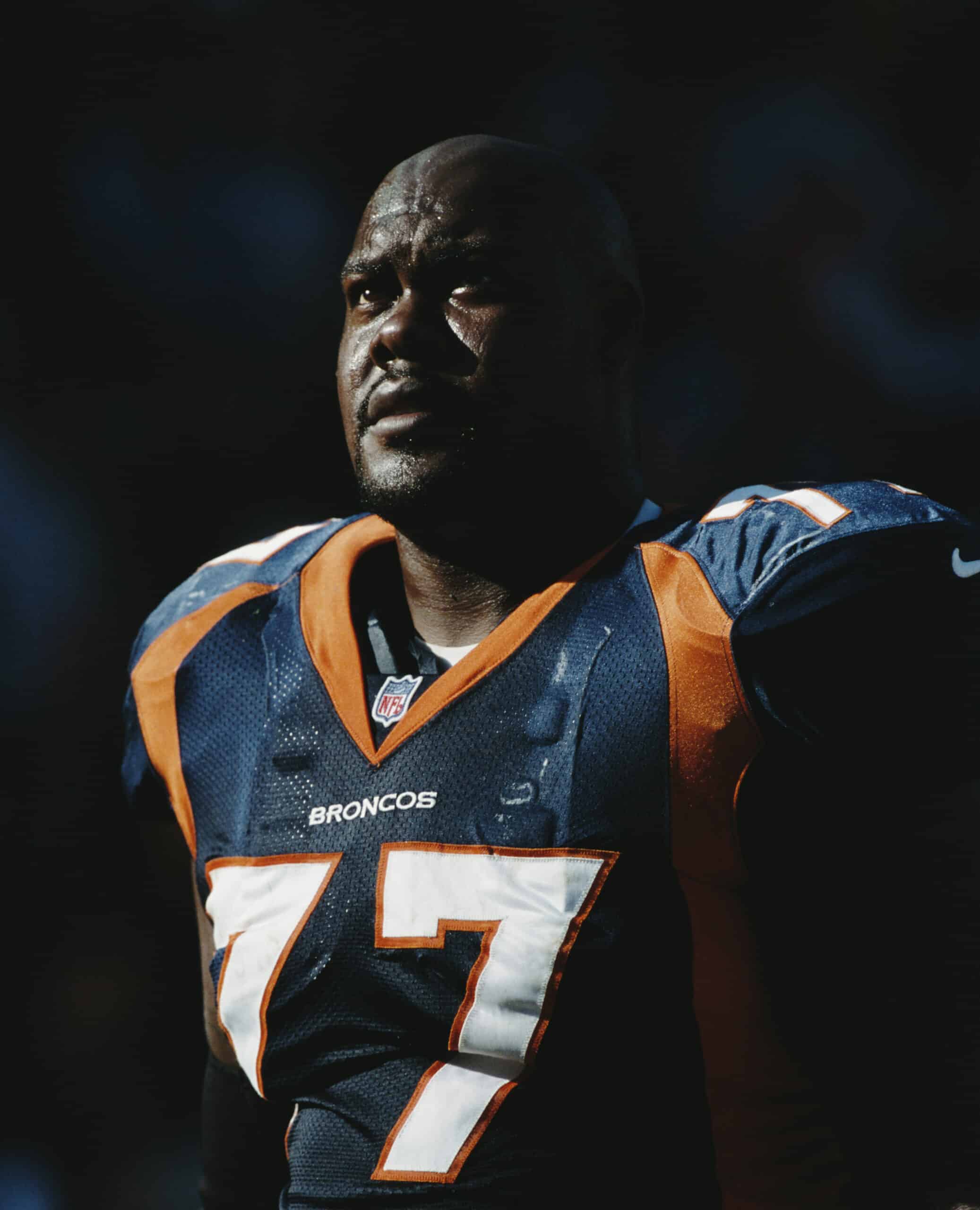 Tony Jones #77, Offensive Tackle for the Denver Broncos during the American Football Conference West game against the Cleveland Browns on 15 October 2000 at the Mile High Stadium, Denver, Colorado, United States. The Broncos won the game 44 - 10.