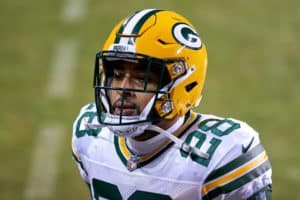 Green Bay Packers running back A.J. Dillon (28) looks on in action during a game between the Chicago Bears and the Green Bay Packers on January 03, 2021 at Soldier Field in Chicago, IL.