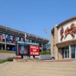 Fawcett Stadium hangs the banners of each of the new class of Hall of Famers beside the Pro Football Hall of Fame in Canton, OH