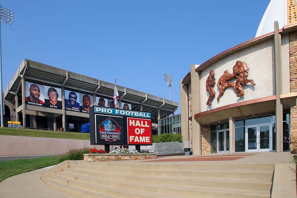 Fawcett Stadium hangs the banners of each of the new class of Hall of Famers beside the Pro Football Hall of Fame in Canton, OH