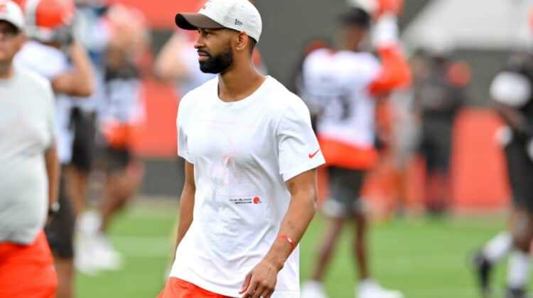 General manager Andrew Berry # of the Cleveland Browns looks on during the second day of Cleveland Browns Training Camp on July 29, 2021 in Berea, Ohio.