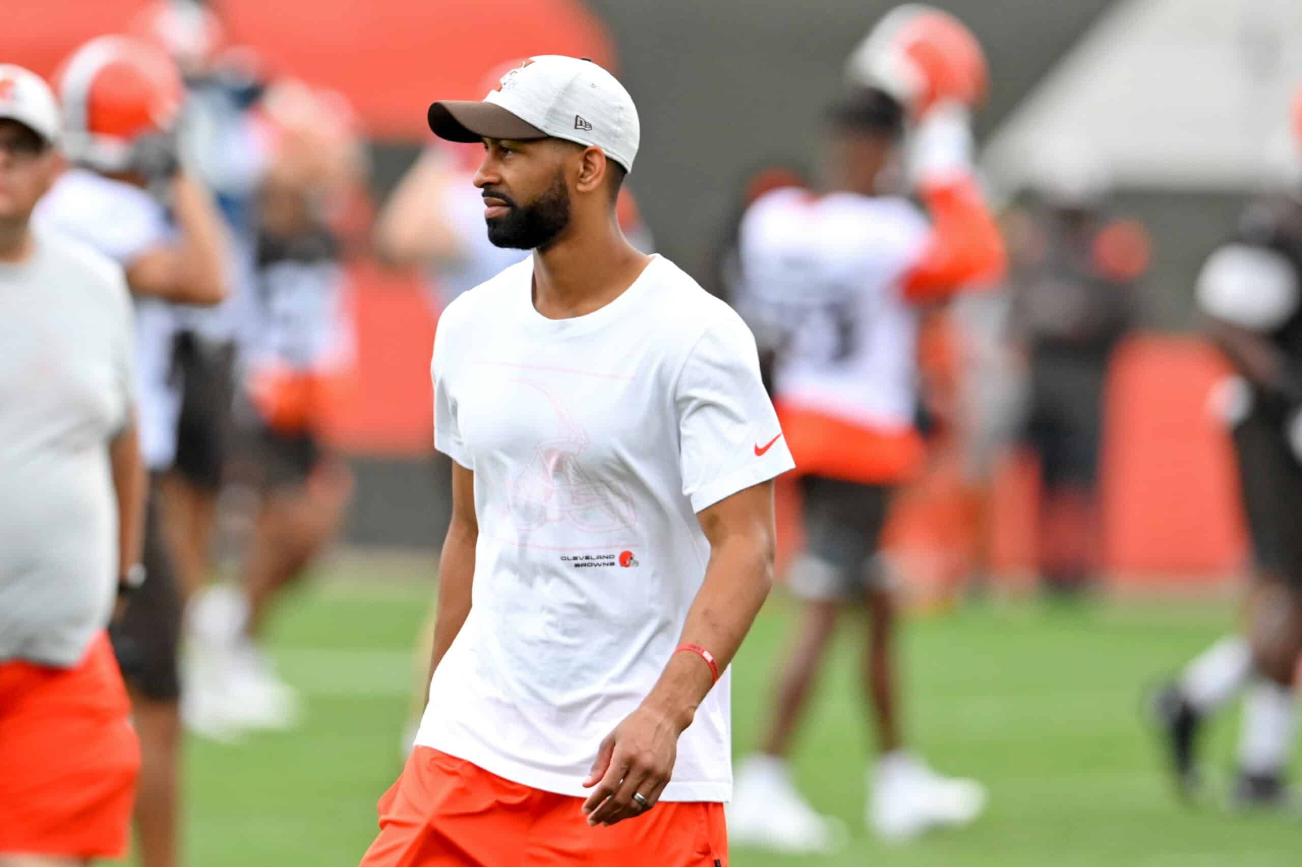 General manager Andrew Berry # of the Cleveland Browns looks on during the second day of Cleveland Browns Training Camp on July 29, 2021 in Berea, Ohio.