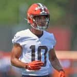 Wide receiver Anthony Schwartz #10 of the Cleveland Browns runs a drill during the first day of Cleveland Browns Training Camp on July 28, 2021 in Berea, Ohio.