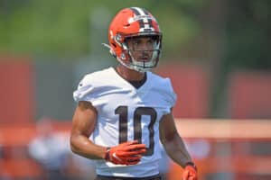 Wide receiver Anthony Schwartz #10 of the Cleveland Browns runs a drill during the first day of Cleveland Browns Training Camp on July 28, 2021 in Berea, Ohio.