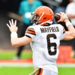 Baker Mayfield #6 of the Cleveland Browns looks to pass in the first half against the Jacksonville Jaguars at TIAA Bank Field on November 29, 2020 in Jacksonville, Florida.