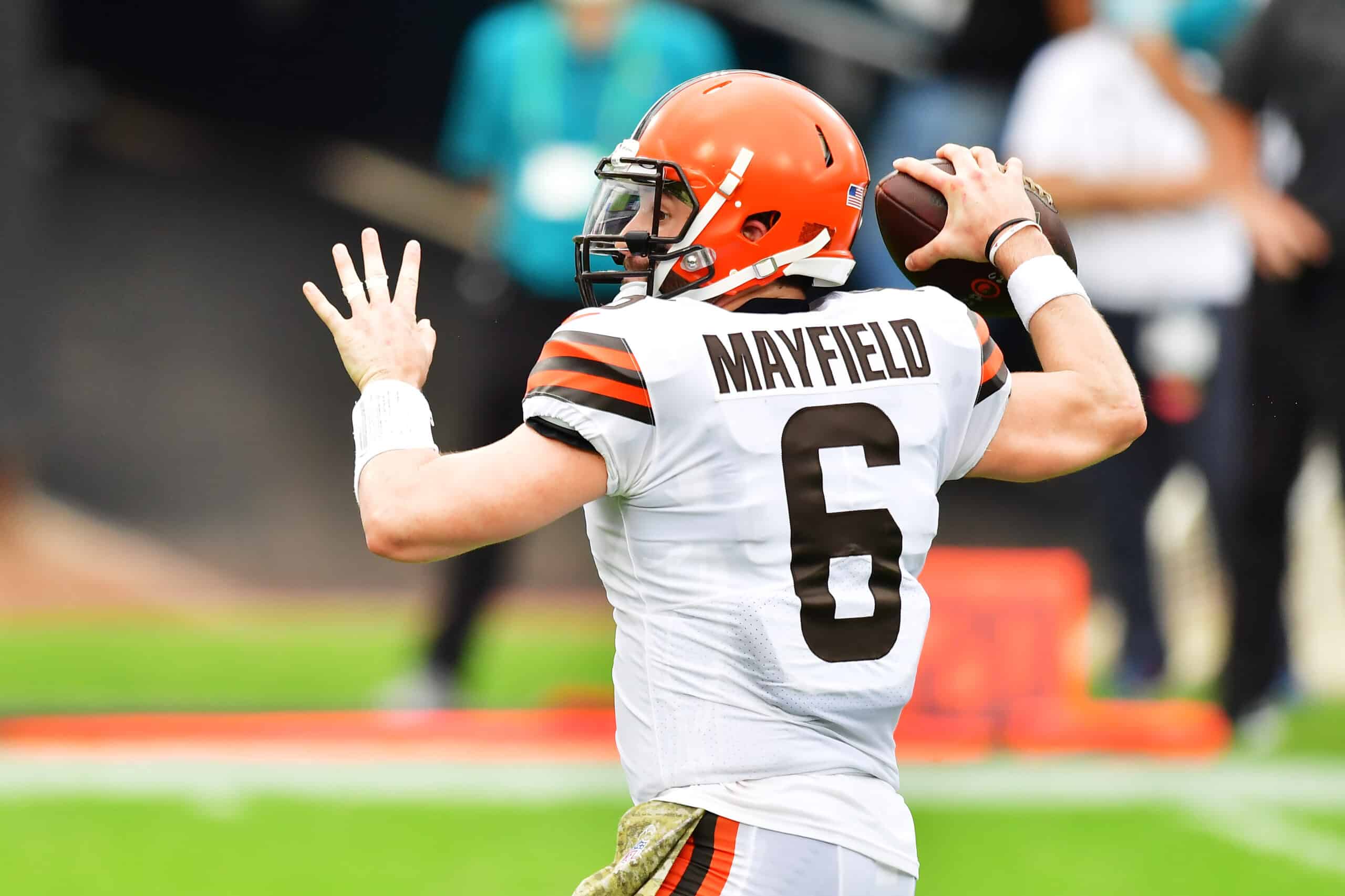 Baker Mayfield #6 of the Cleveland Browns looks to pass in the first half against the Jacksonville Jaguars at TIAA Bank Field on November 29, 2020 in Jacksonville, Florida.
