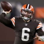 Baker Mayfield #6 of the Cleveland Browns attempts a pass during the first quarter against the Baltimore Ravens in the game at FirstEnergy Stadium on December 14, 2020 in Cleveland, Ohio.