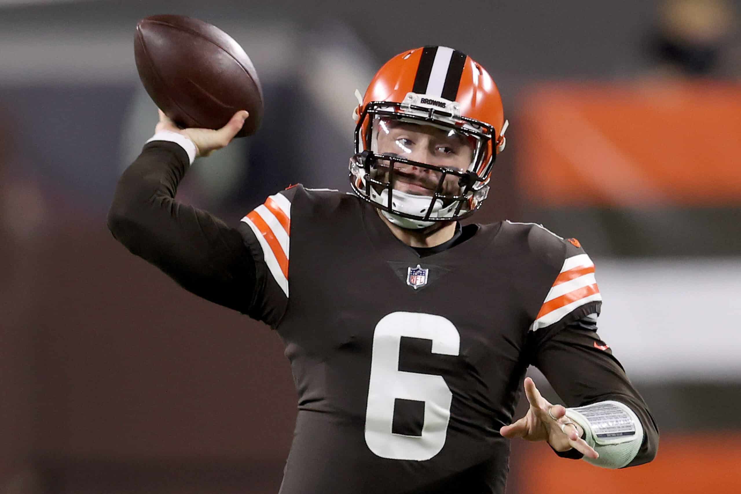 Baker Mayfield #6 of the Cleveland Browns attempts a pass during the first quarter against the Baltimore Ravens in the game at FirstEnergy Stadium on December 14, 2020 in Cleveland, Ohio. 