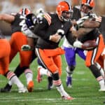Baker Mayfield #6 of the Cleveland Browns hands the ball to Nick Chubb #24 during the third quarter in the game at FirstEnergy Stadium on December 14, 2020 in Cleveland, Ohio.