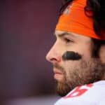 Quarterback Baker Mayfield #6 of the Cleveland Browns watches from the sidelines during the first half of the NFL game against the Arizona Cardinals at State Farm Stadium on December 15, 2019 in Glendale, Arizona. The Cardinals defeated the Browns 38-24.