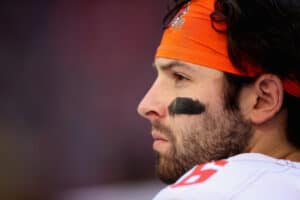 Quarterback Baker Mayfield #6 of the Cleveland Browns watches from the sidelines during the first half of the NFL game against the Arizona Cardinals at State Farm Stadium on December 15, 2019 in Glendale, Arizona. The Cardinals defeated the Browns 38-24.