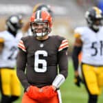 Baker Mayfield #6 of the Cleveland Browns looks on in the second quarter against the Pittsburgh Steelers at FirstEnergy Stadium on January 03, 2021 in Cleveland, Ohio.