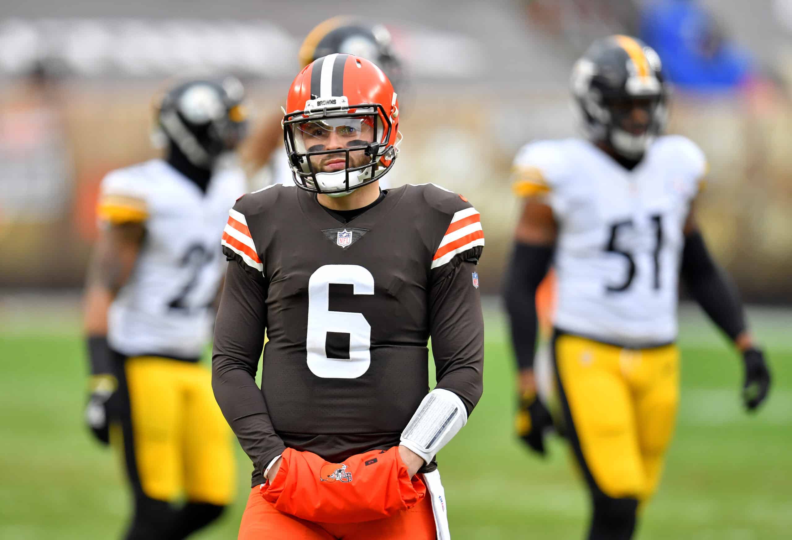 Baker Mayfield #6 of the Cleveland Browns looks on in the second quarter against the Pittsburgh Steelers at FirstEnergy Stadium on January 03, 2021 in Cleveland, Ohio.