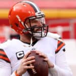 Quarterback Baker Mayfield #6 of the Cleveland Browns warms up prior to the AFC Divisional Playoff game against the Kansas City Chiefs at Arrowhead Stadium on January 17, 2021 in Kansas City, Missouri.