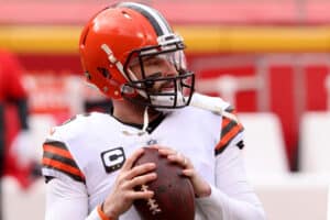 Quarterback Baker Mayfield #6 of the Cleveland Browns warms up prior to the AFC Divisional Playoff game against the Kansas City Chiefs at Arrowhead Stadium on January 17, 2021 in Kansas City, Missouri.