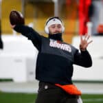 Baker Mayfield #6 of the Cleveland Browns participates in warmups prior to the AFC Wild Card Playoff game against the Pittsburgh Steelers at Heinz Field on January 10, 2021 in Pittsburgh, Pennsylvania.