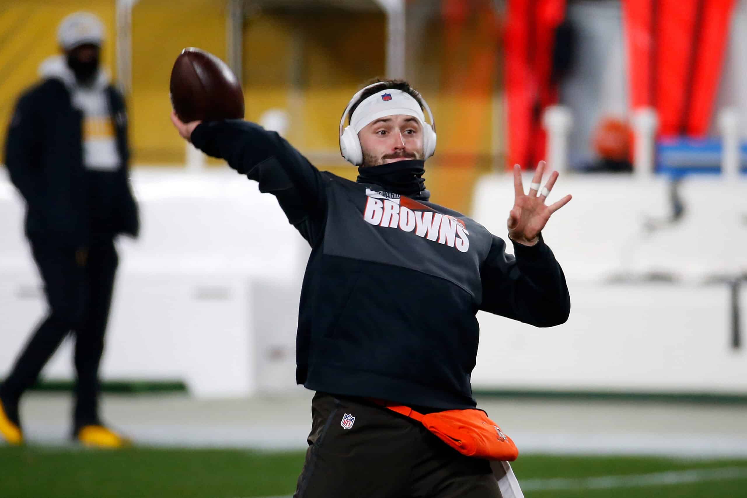 Baker Mayfield #6 of the Cleveland Browns participates in warmups prior to the AFC Wild Card Playoff game against the Pittsburgh Steelers at Heinz Field on January 10, 2021 in Pittsburgh, Pennsylvania. 