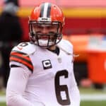 Quarterback Baker Mayfield #6 of the Cleveland Browns warms up prior to the AFC Divisional Playoff game against the Kansas City Chiefs at Arrowhead Stadium on January 17, 2021 in Kansas City, Missouri.