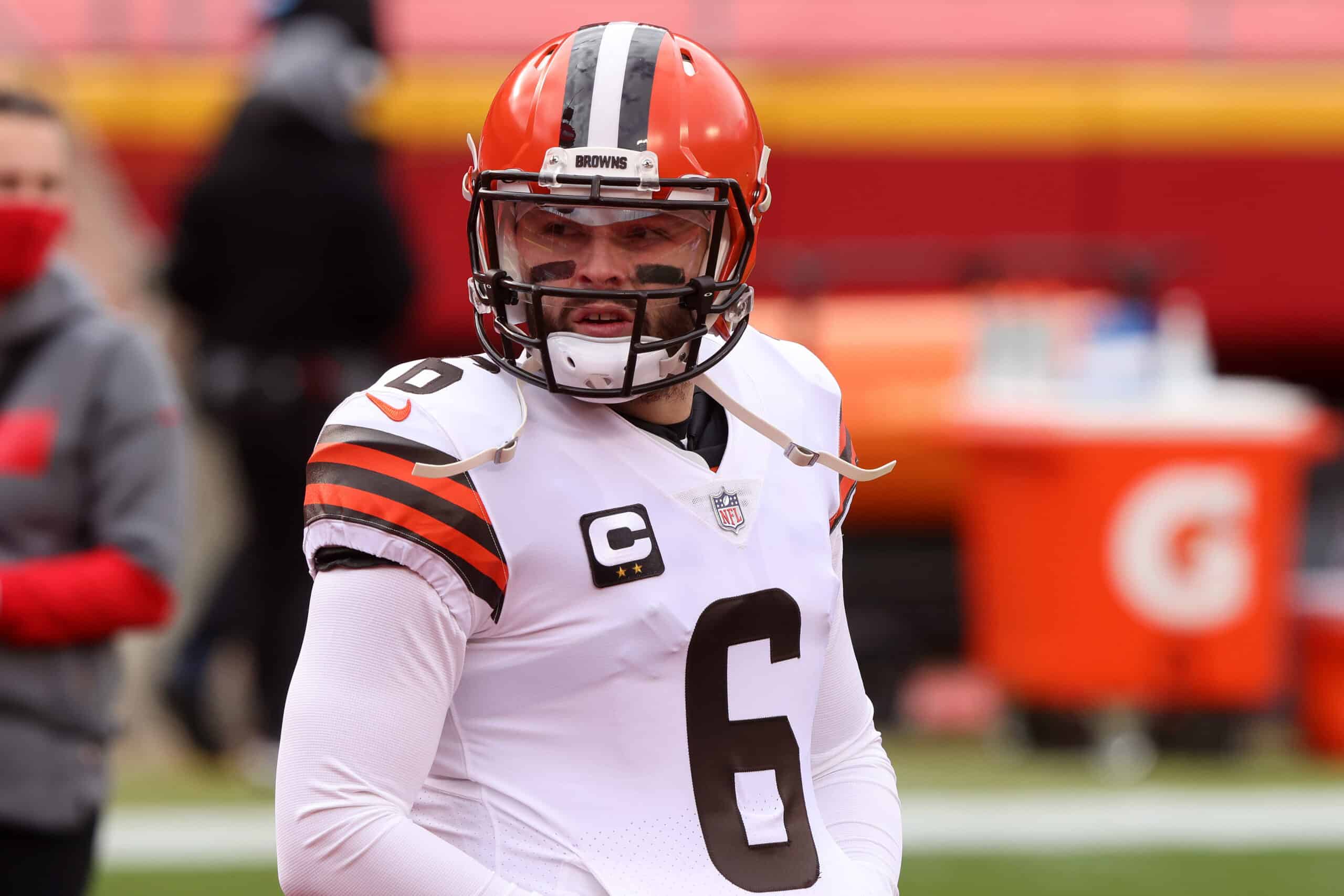 Quarterback Baker Mayfield #6 of the Cleveland Browns warms up prior to the AFC Divisional Playoff game against the Kansas City Chiefs at Arrowhead Stadium on January 17, 2021 in Kansas City, Missouri. 