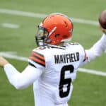 Baker Mayfield #6 of the Cleveland Browns warms up prior to the game against the Cincinnati Bengals at Paul Brown Stadium on October 25, 2020 in Cincinnati, Ohio.