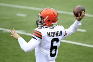 Baker Mayfield #6 of the Cleveland Browns warms up prior to the game against the Cincinnati Bengals at Paul Brown Stadium on October 25, 2020 in Cincinnati, Ohio.