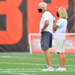 Team owners Jimmy Haslam and Dee Haslam watch training camp on August 16, 2020 at the Cleveland Browns training facility in Berea, Ohio.